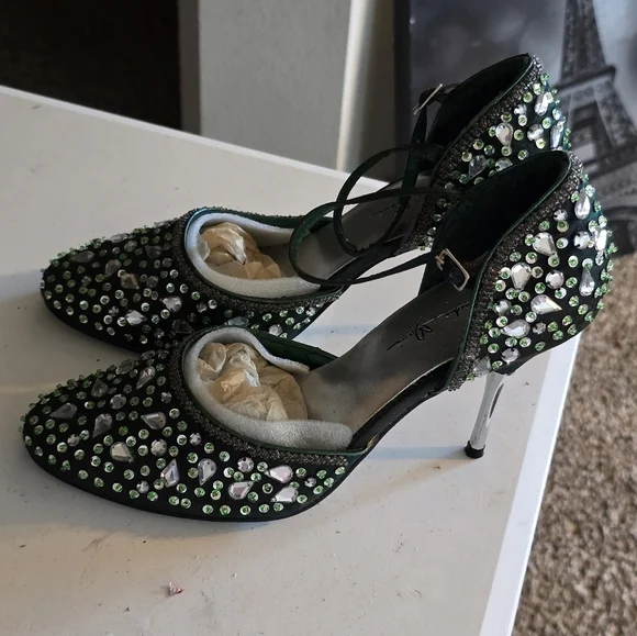 Marichi Mani Heels 8.5 Women Green Metallic Rhinestone Stiletto Party Bridal - Picture 8 of 15